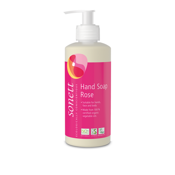 Rose-scented hand soap in a pump bottle.