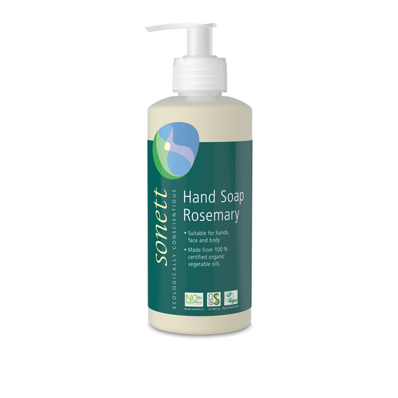 Rosemary hand soap in a pump bottle.