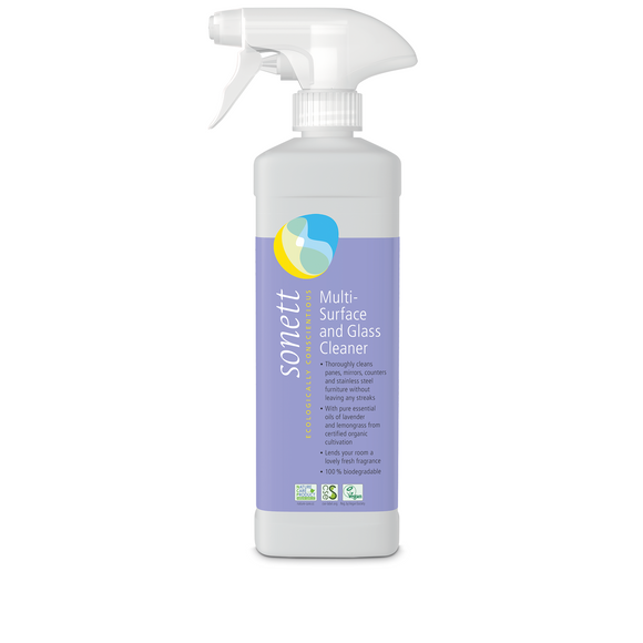 Spray bottle of multi-surface and glass cleaner.