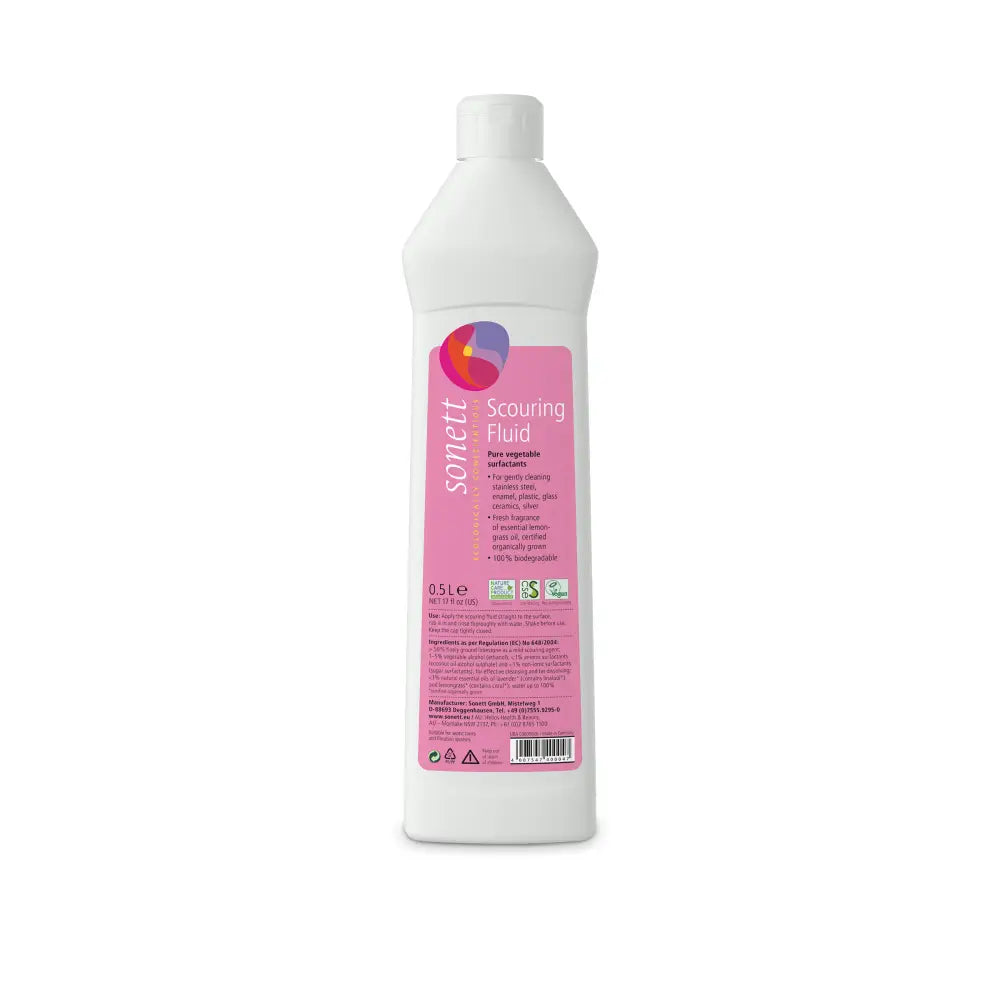 White plastic bottle with pink labeling containing scouring fluid.