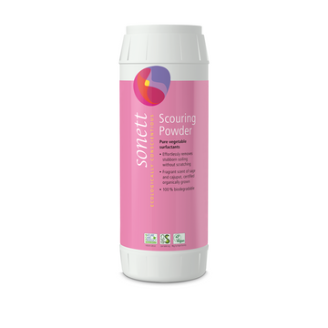 Pink and white scouring powder container.