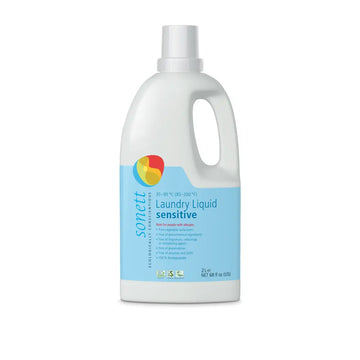 White bottle of Sonett sensitive laundry liquid detergent with a blue label.