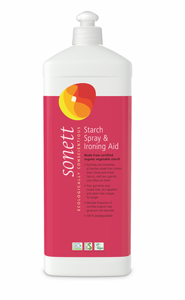 Sonett starch spray & ironing aid bottle with white pump and pink label.