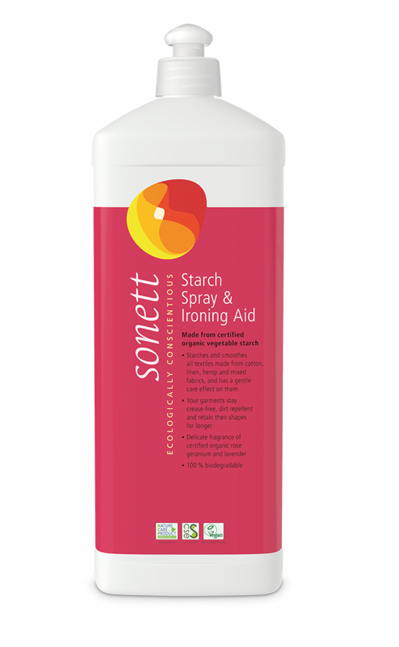 Sonett starch spray & ironing aid bottle with white pump and pink label.