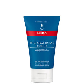 Blue and red Speick after shave balm tube for sensitive skin.