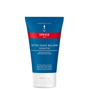 Blue and red Speick after shave balm tube for sensitive skin.