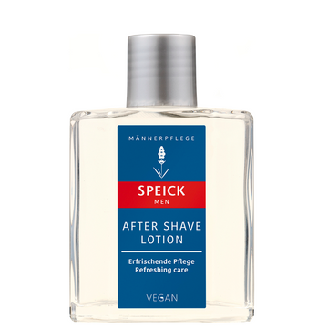 Speick men’s after shave lotion in a clear bottle with a silver cap.