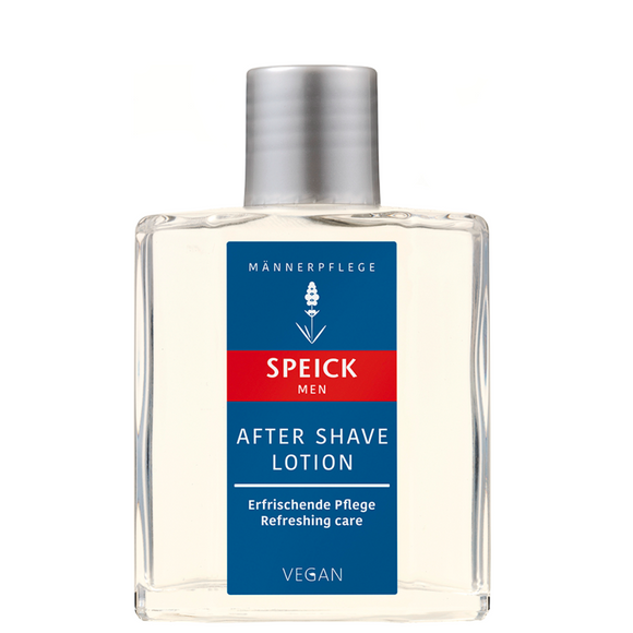 Speick men’s after shave lotion in a clear bottle with a silver cap.
