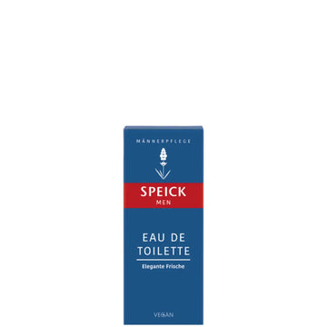 Speick Men’s Eau de Toilette fragrance in blue and red packaging.