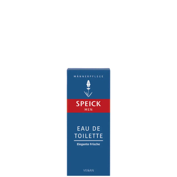 Speick Men’s Eau de Toilette fragrance in blue and red packaging.