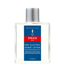 Speick pre-electric shave lotion in a clear bottle.