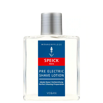 Speick pre-electric shave lotion in a clear bottle.