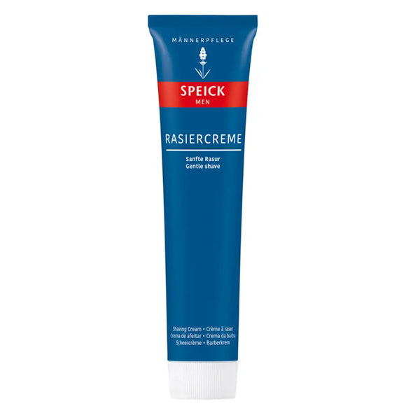 Blue and red Speick Men’s shaving cream tube.