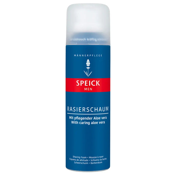 Blue and red Speick Men’s shaving foam canister with aloe vera.