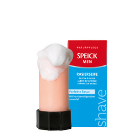 Shaving soap with lather and packaging.