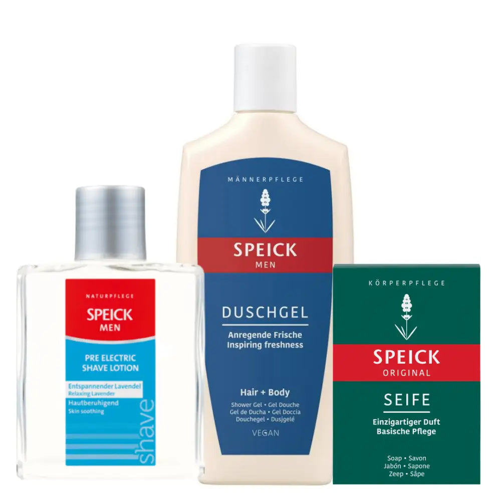 Three Speick men’s grooming products including shower gel, pre-shave lotion, and soap.