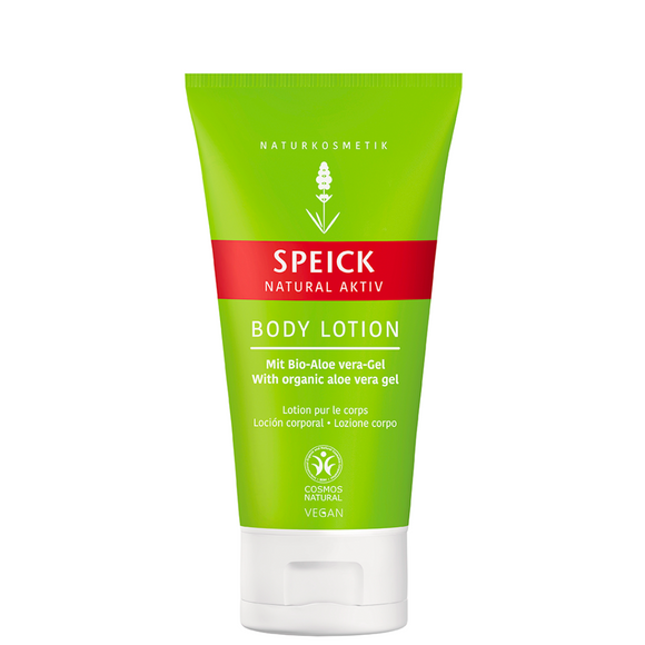 Green and white tube of Speick body lotion.