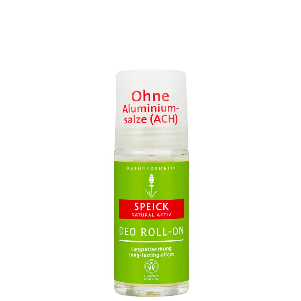 A green and white Speick roll-on deodorant bottle.