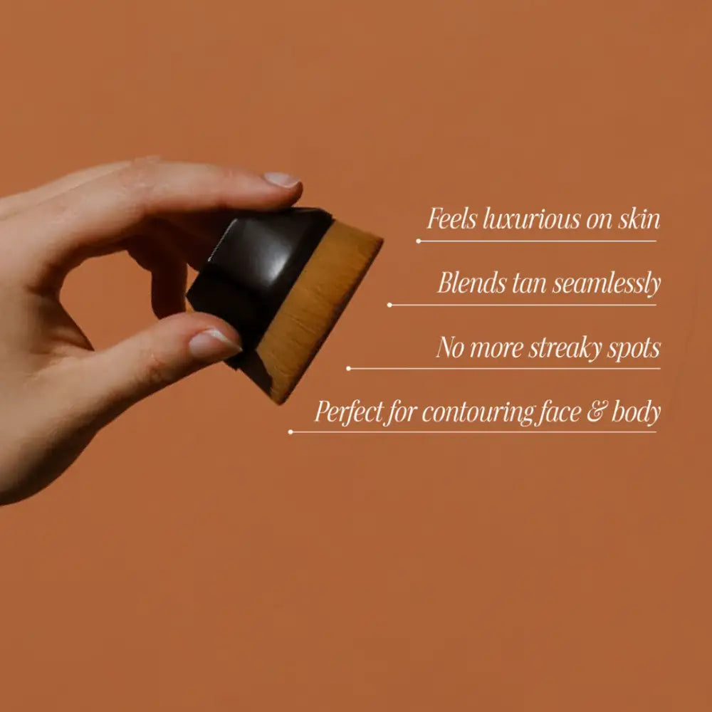 A hand holding a makeup blending sponge against a warm-toned background with text overlay.