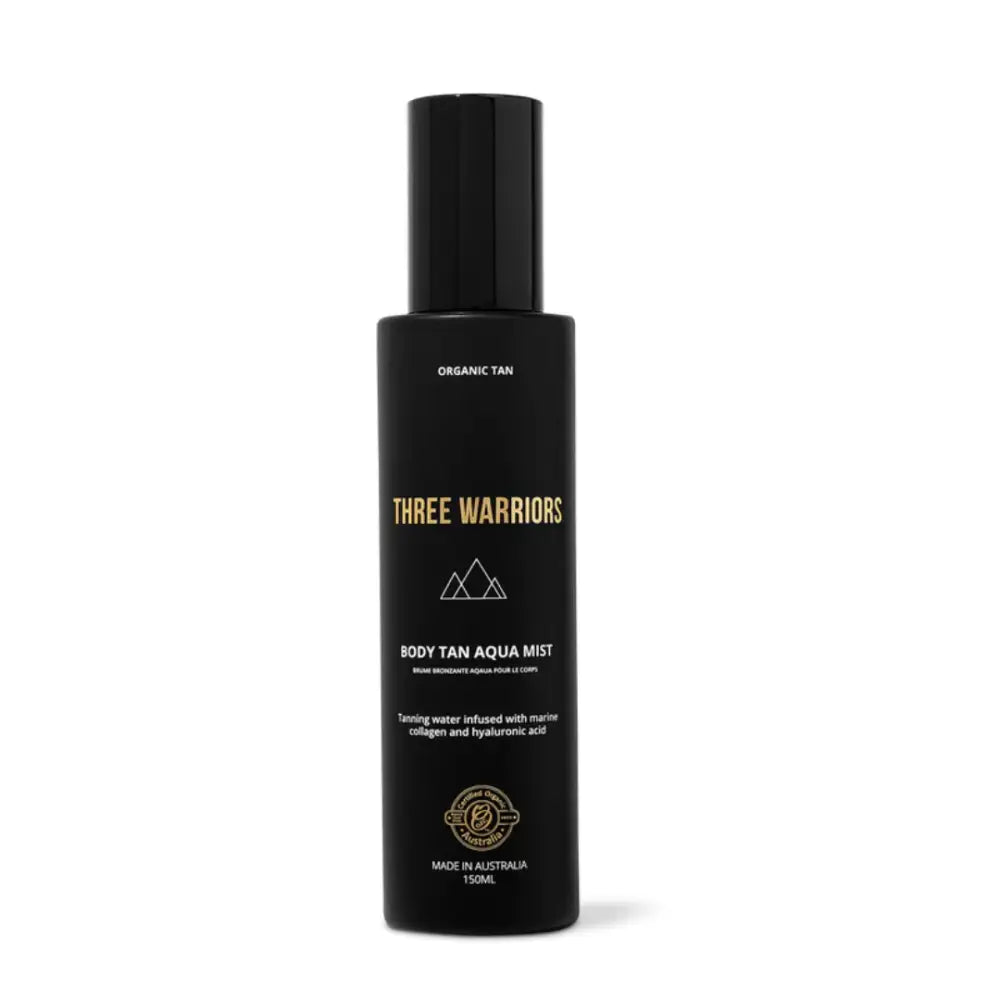 Black bottle of Three Warriors body tan aqua mist spray.