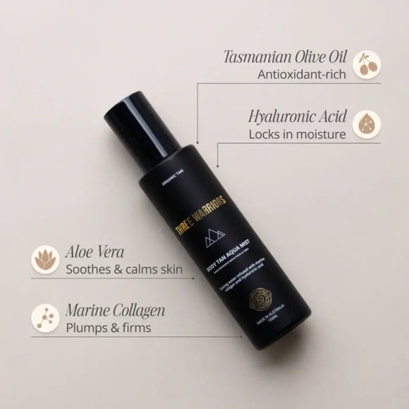 Black skincare bottle with labeled ingredients including Tasmanian Olive Oil, Hyaluronic Acid, Aloe Vera, and Marine Collagen.