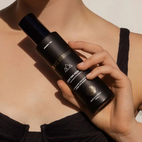 Black cosmetic or skincare bottle with geometric symbols and text.