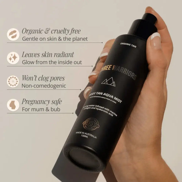 Black skincare bottle with white text showing product benefits and features.
