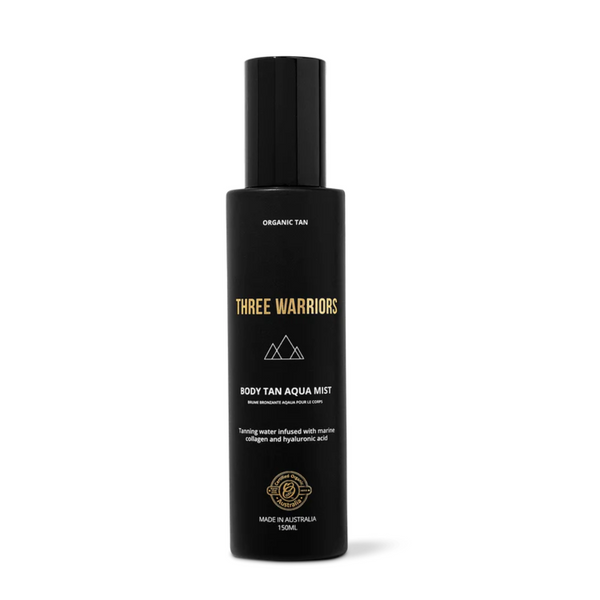 Three warriors body tan aqua mist, front of the bottle. An organic skincare body tanning mist.