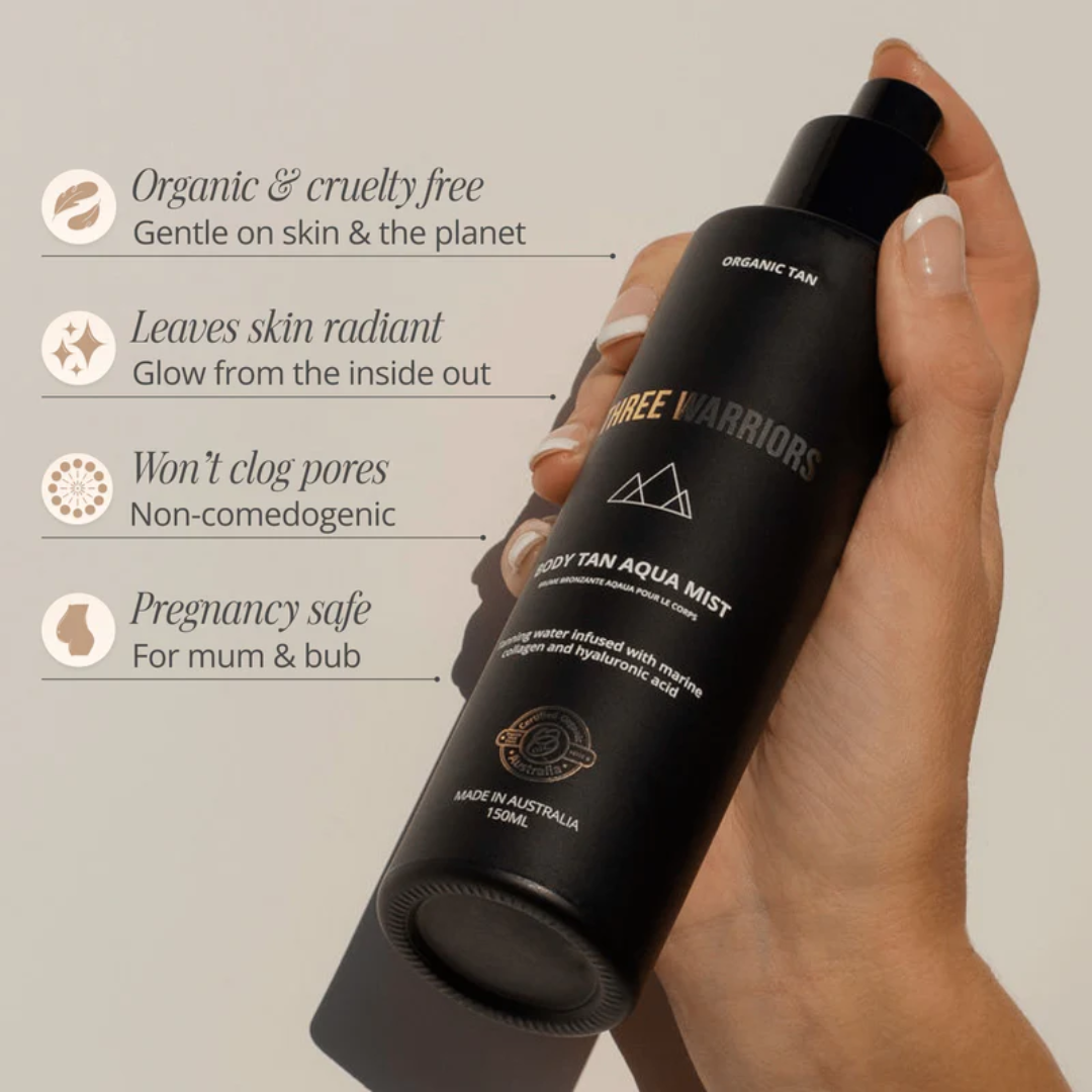 Three warriors body tan aqua mist, key benefit fact sheet with front of bottle open being sprayed by hand. 