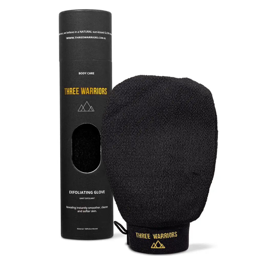 Black exfoliating glove with ’Three Warriors’ branding and its product packaging.