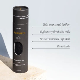 Black cylindrical exfoliating glove container with product benefits listed alongside.
