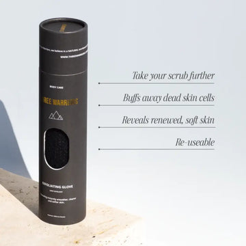 Black cylindrical exfoliating glove container with product benefits listed alongside.
