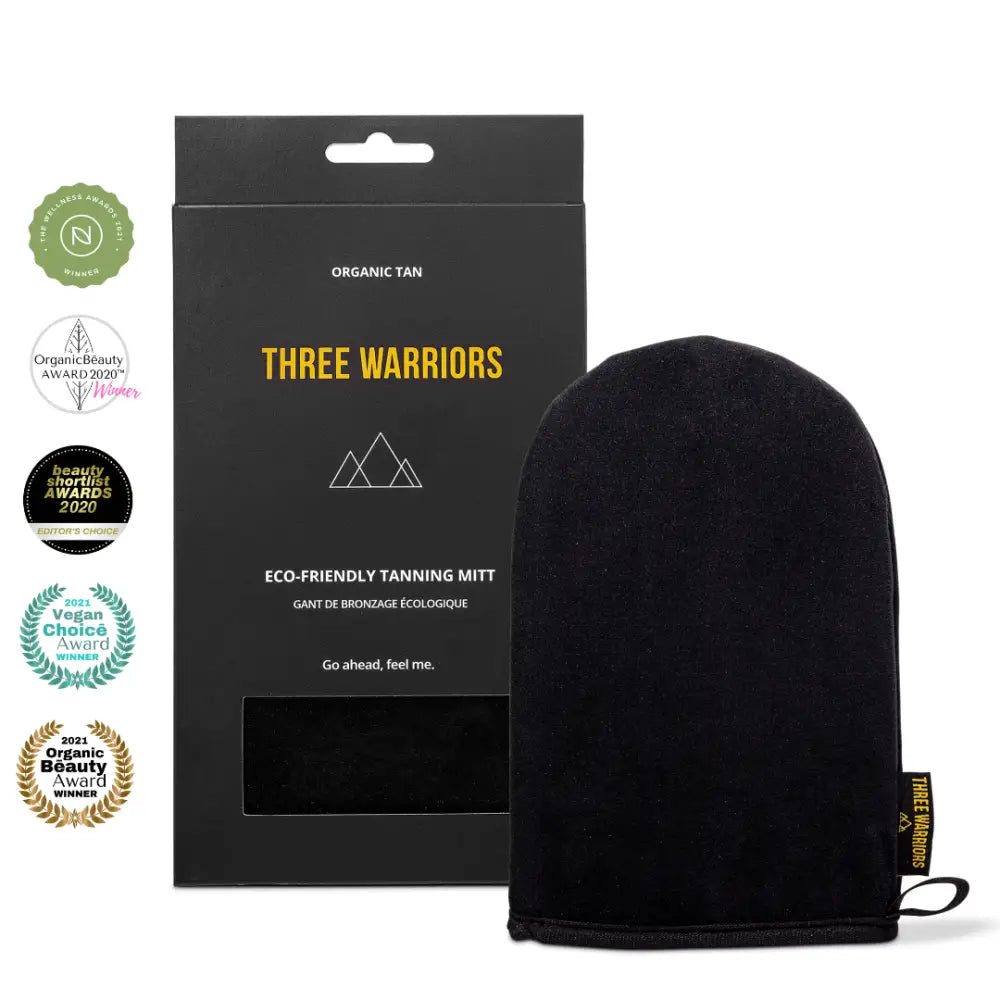 Black self-tanning mitt with eco-friendly packaging from Three Warriors brand.