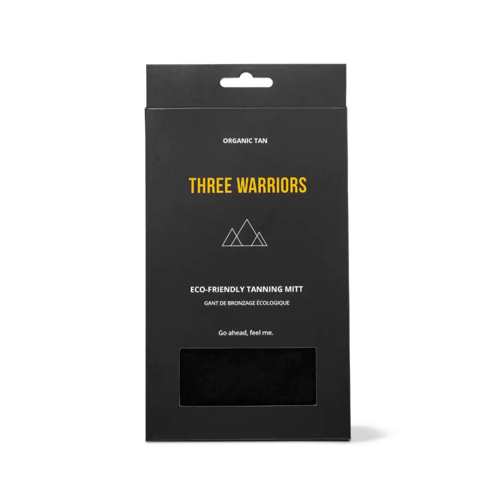 Black product packaging box for ’Three Warriors’ eco-friendly tanning mitt.