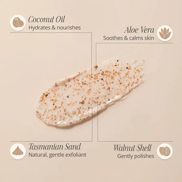 A textured soap bar with labeled ingredients including coconut oil, aloe vera, Tasmanian sand, and walnut shell.