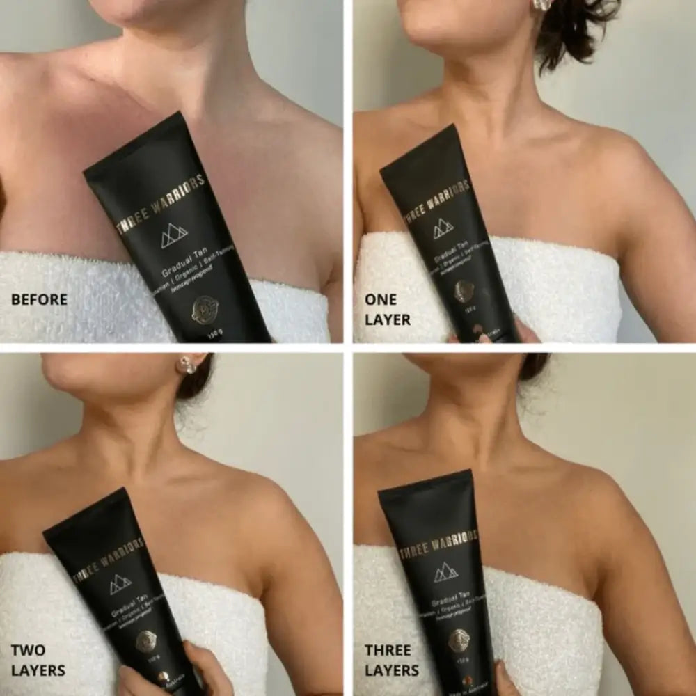 Black tube of tanning lotion shown in a before-and-after application sequence.