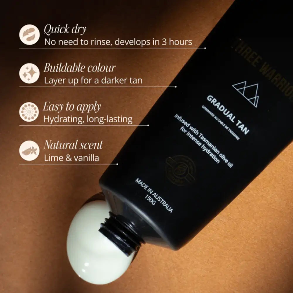 Black self-tanning lotion tube with lime and vanilla scent.