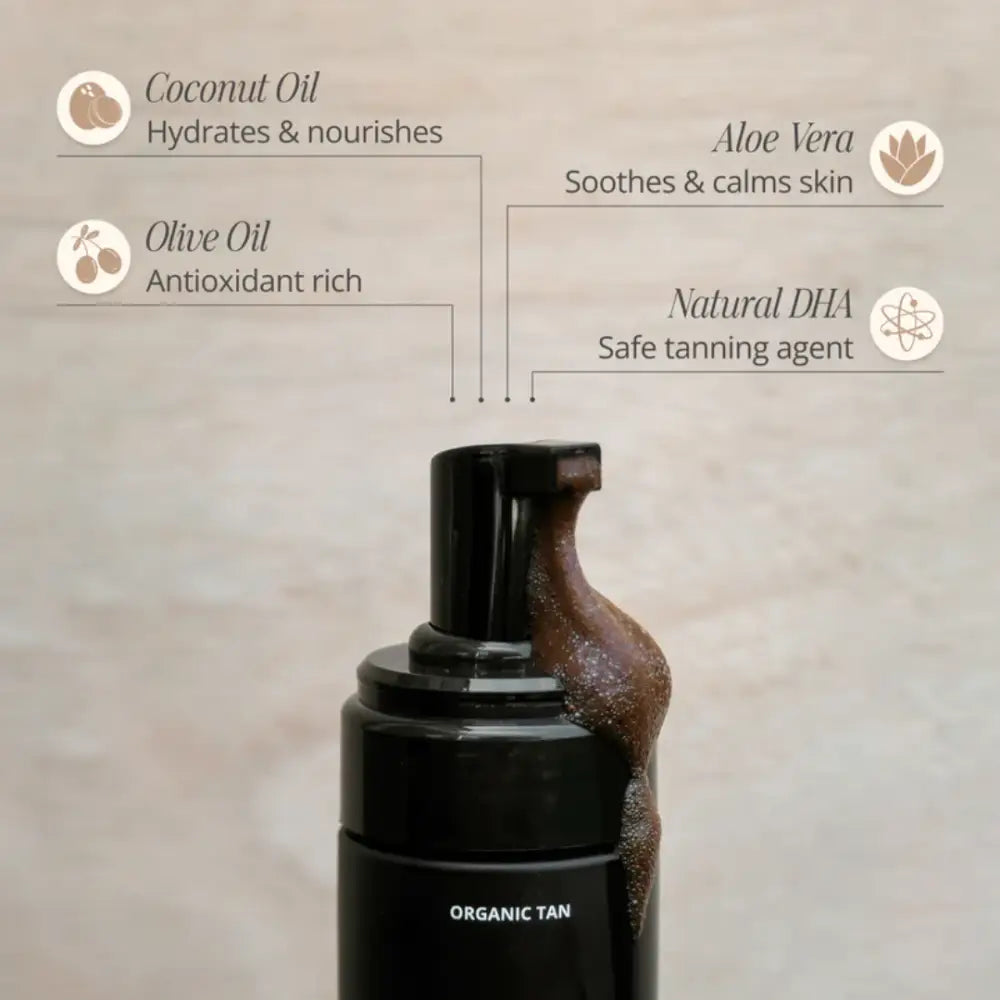 Black foam pump bottle containing organic self-tanning product with labeled ingredients including coconut oil, olive oil, aloe vera, and natural DHA.