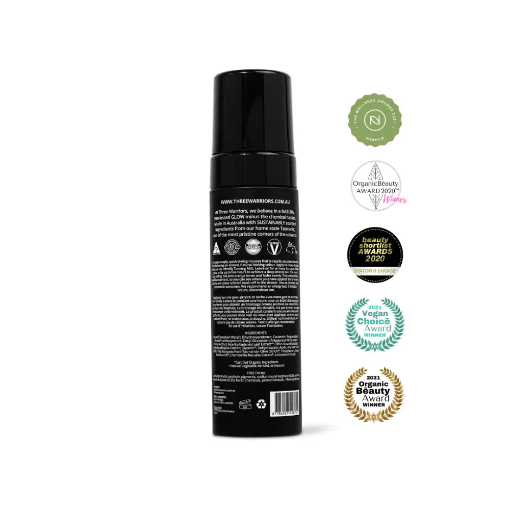 Black cylindrical bottle with product information and certification badges alongside it.