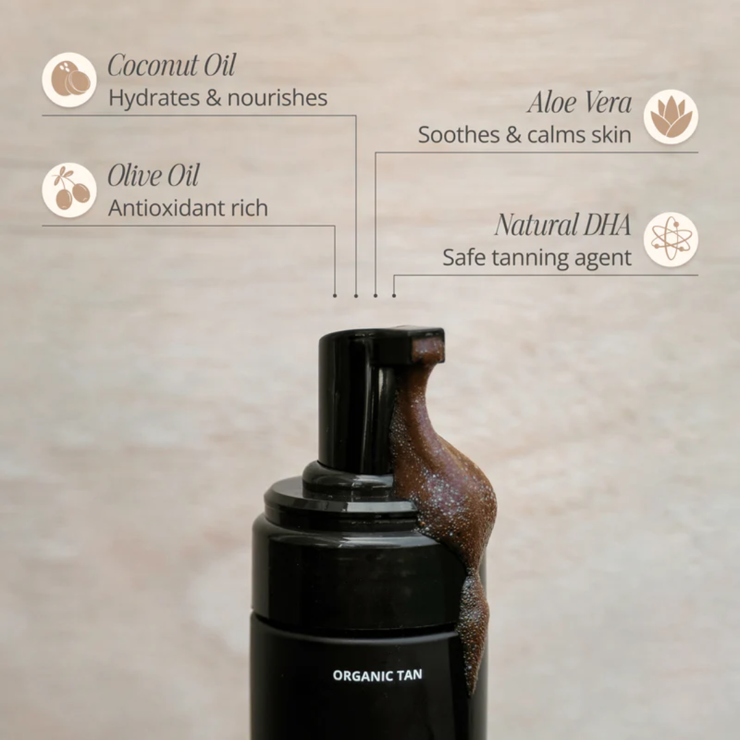 Three warriors self-tan mousse ingredient key benefits and close-up of mousse coming out of nozzle swatch. An organic and natural skincare self tanning mousse