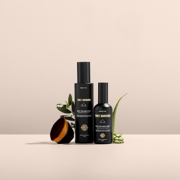 Three warriors beauty buff tanning brush, with three warriors body tan aqua mist and three warriors face tan aqua mist staged photoshoot. An organic skincare self-tanning trio for total body tanning. 