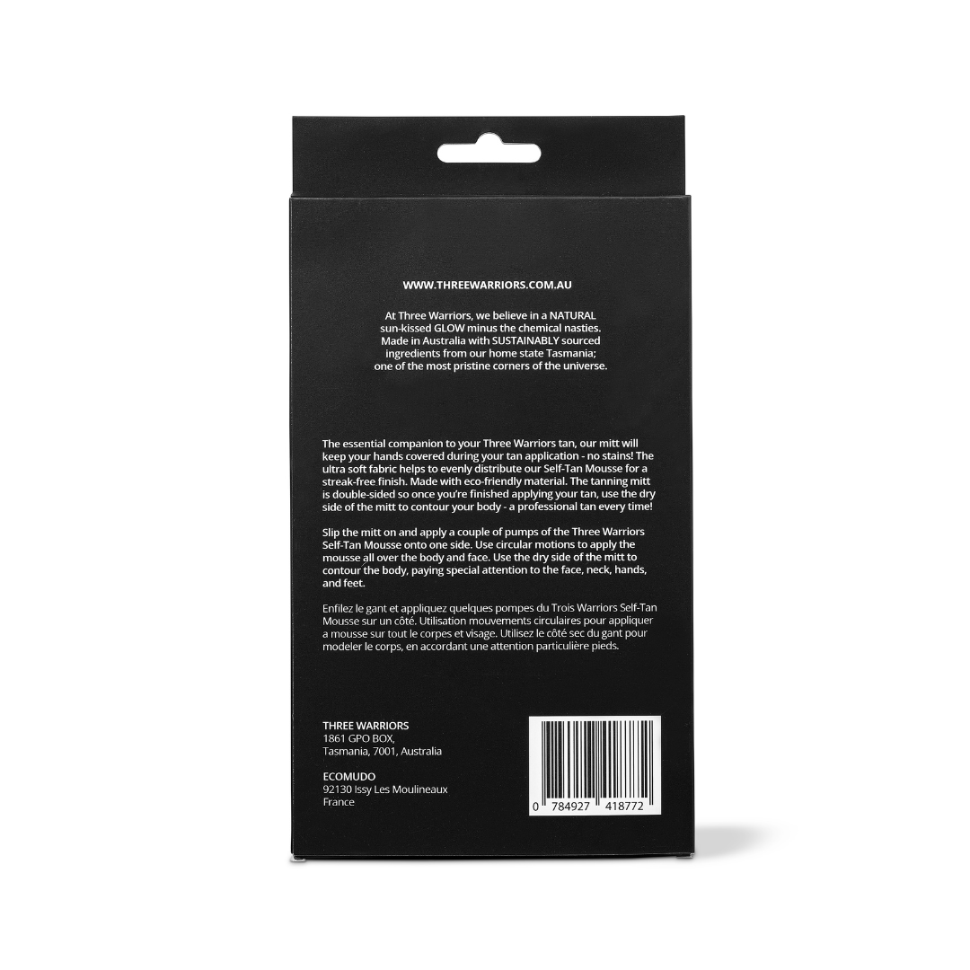 Three warriors tanning mitt back of packaging. An organic skincare self-tanning mitt