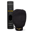 Three warriors eco-friendly exfoliating glove with cylindrical packaging. An organic skincare exfoliating self-tanning mitt.