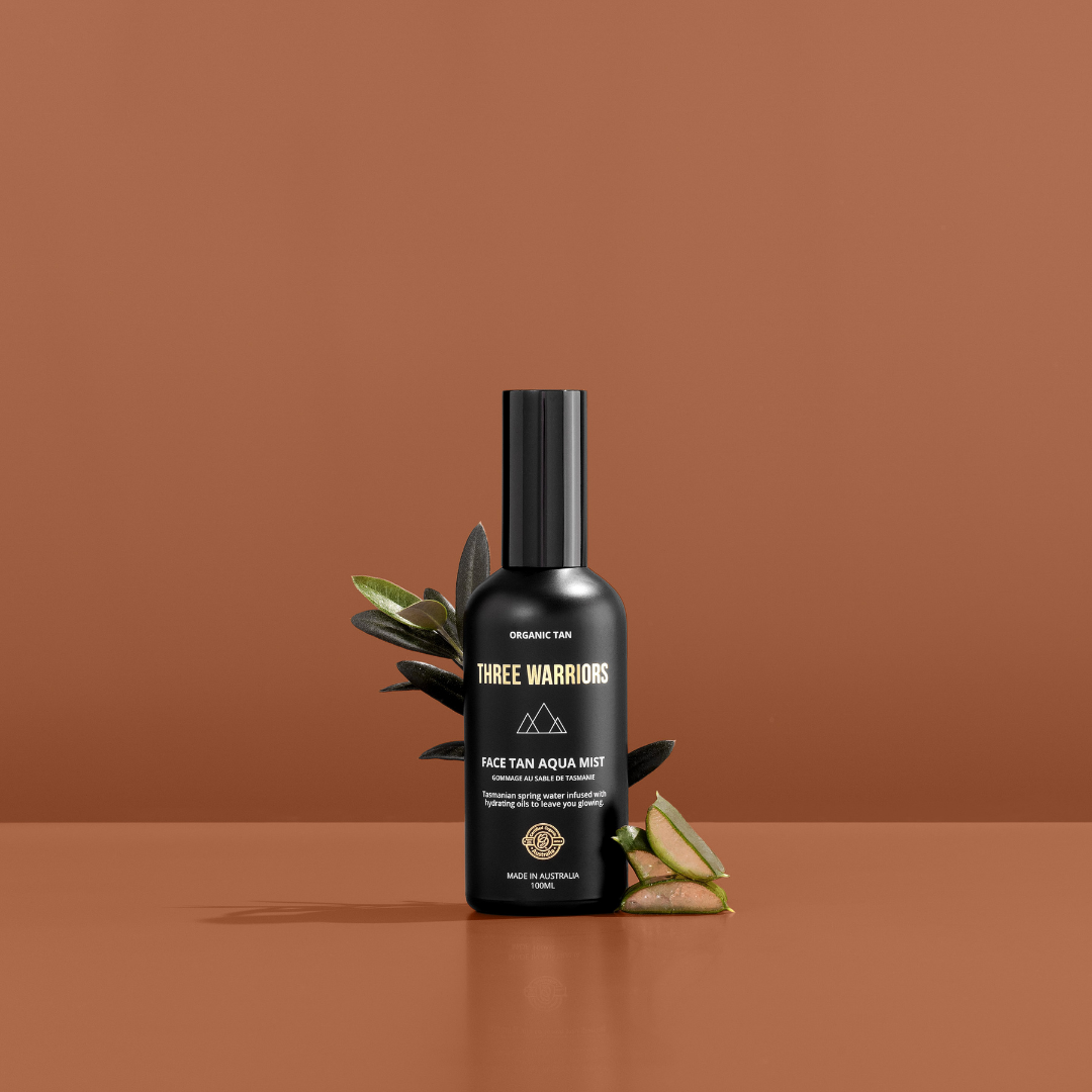 Three warriors face tan aqua mist with aloe vera ingredients. An organic skincare face tanning mist