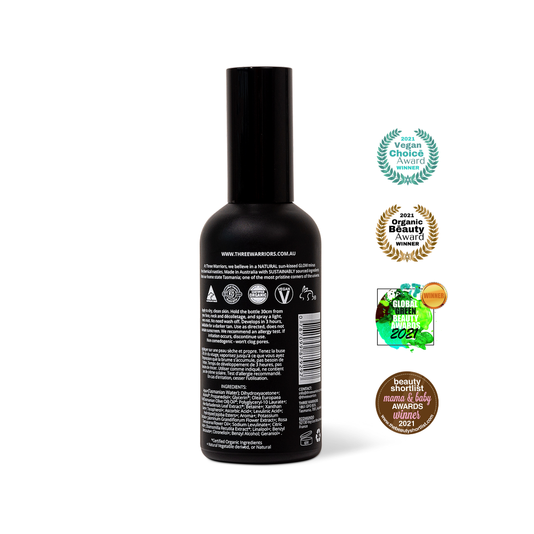 Three warriors face tan aqua mist, the winner of the vegan choice award, organic beauty award, mama and baby award and global green beauty award, back of bottle. An organic skincare face tanning mist