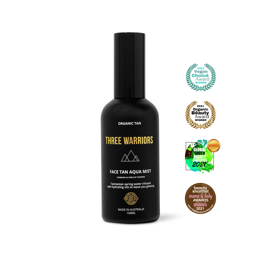 Three warriors face tan aqua mist, the winner of the vegan choice award, organic beauty award, mama and baby award and global green beauty award. An organic skincare face tanning mist