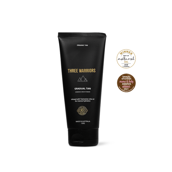 Three warriors gradual tan award winner of the best of natural awards, and mama and bay natural winner. An organic skincare gradual tanning lotion