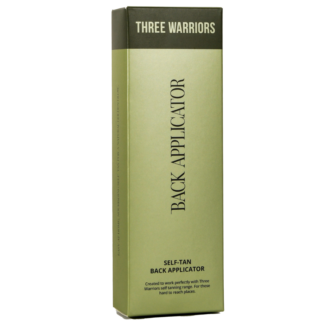 Three warriors self-tan back applicator box packaging. An organic and natural self-tan back applicator