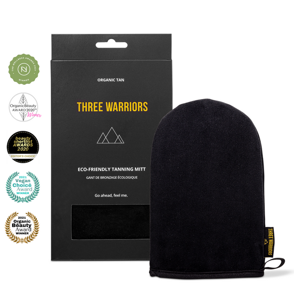 Three warriors eco-friendly self-tanning mitt with winning awards logos. An organic skincare self-tanning mitt