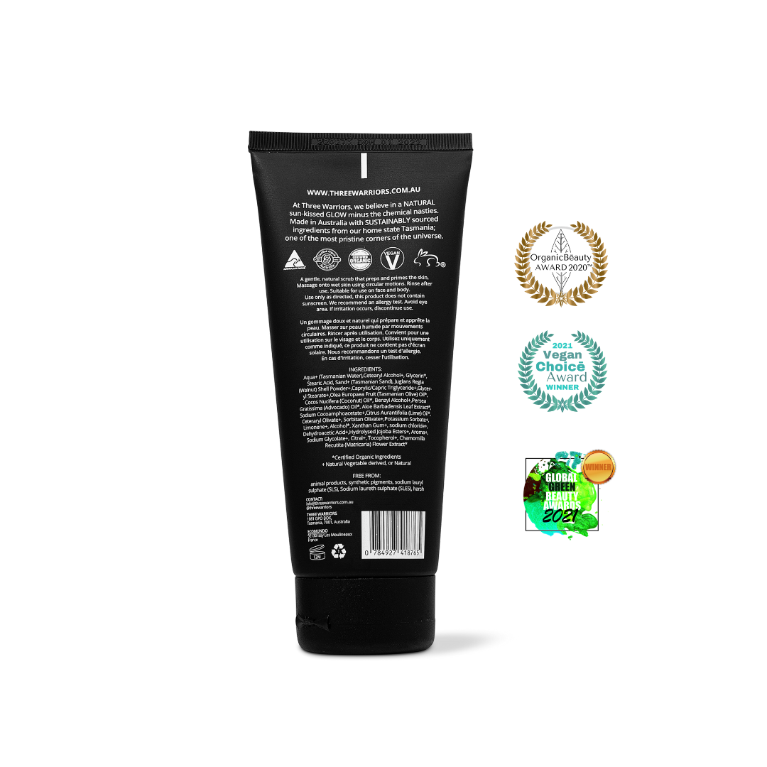 Three warriors exfoliating tasmanian sand scrub with organic beauty award logo and vegan choice award logo winner, a global green beauty award winner back of bottle.